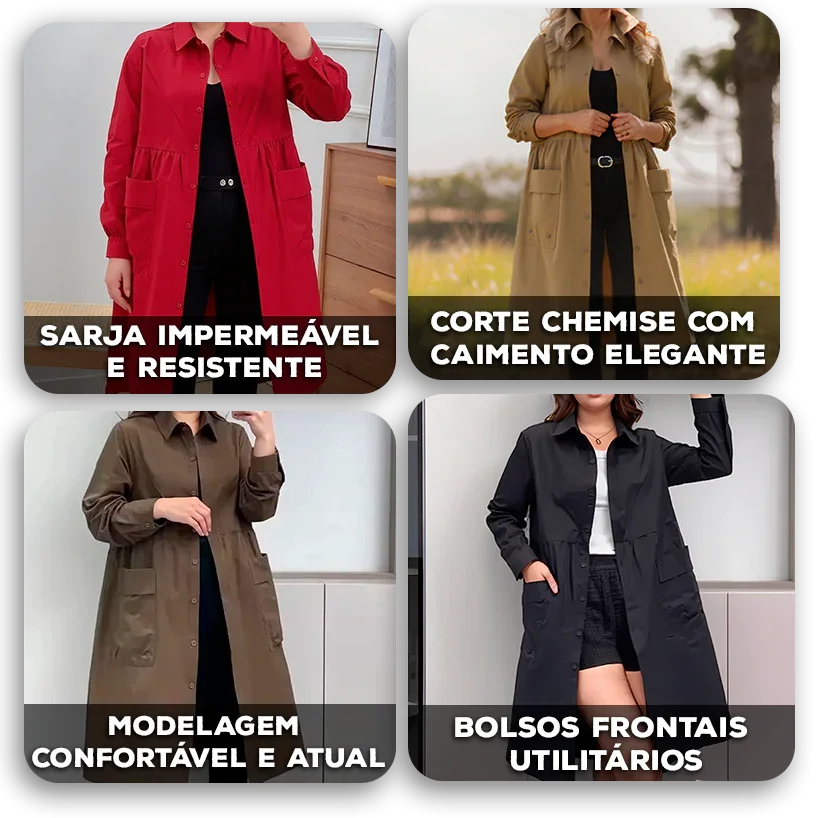 Casaco Maelis™ em Sarja Impermeável com Corte Chemise e Bolsos Frontais / Para Mulheres que Valorizam o Essencial com Estilo