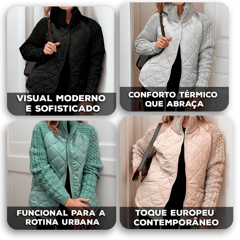 Jaqueta Noruega Soft™ em Matelassê com Tricô Trabalhado / O Design Europeu que Abraça com Estilo!