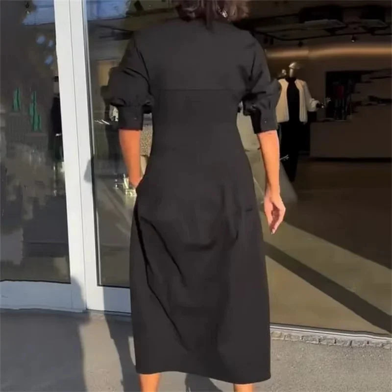 Vestido Alencar™ com Decote Chemise e Corte Midi Estruturado / Onde o Minimalismo se Encontra Com a Elegância Urbana!