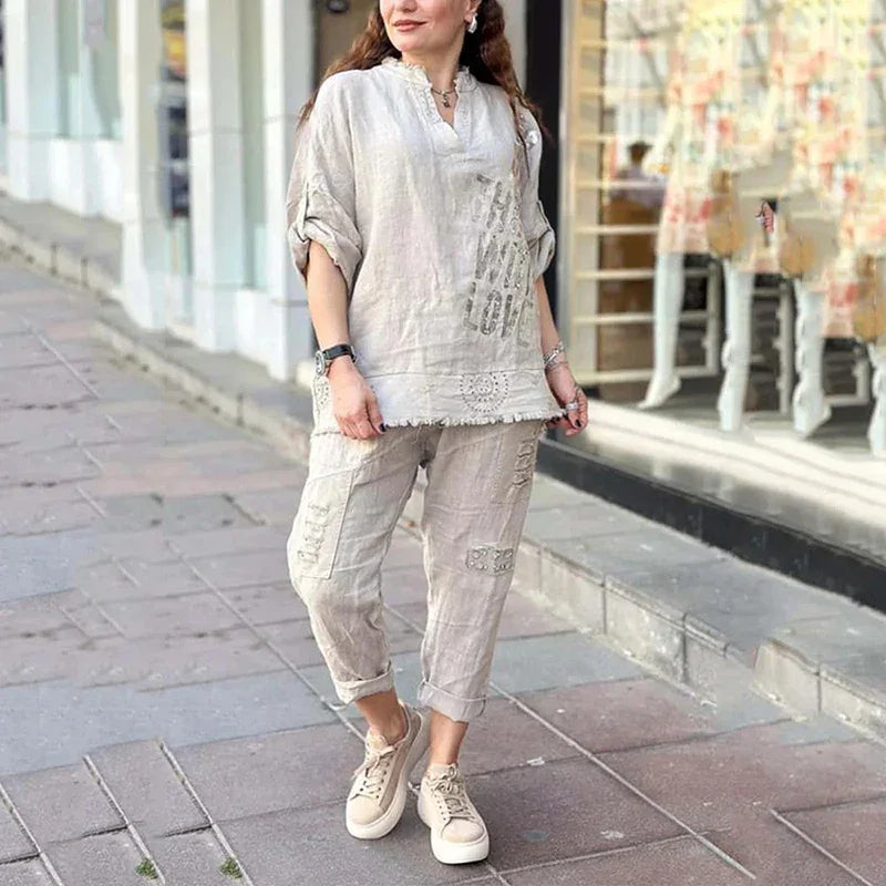 Conjunto Vogue Street™ em Linho de Algodão com Estampa Metalizada e Calça Cargo Bordada / O Equilíbrio Perfeito Entre Conforto e Estilo Contemporâneo!