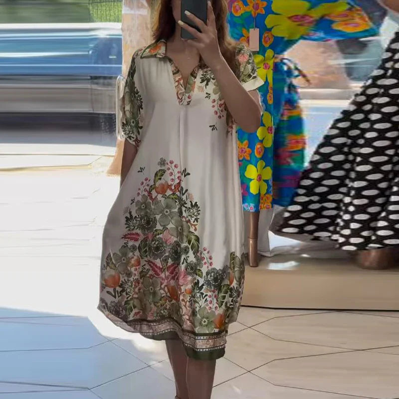 Vestido Primavera™ em Cetim Flora com Estampa Artística / Leveza Romântica e Brilho Atemporal para Mulheres de Bom Gosto!