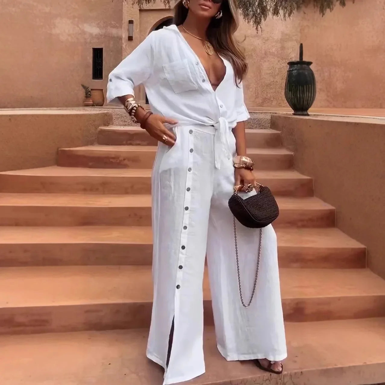 Conjunto Casablanca™ em Linho de Algodão com Botões Laterais / Sofisticação para Dias de Sol e Liberdade!