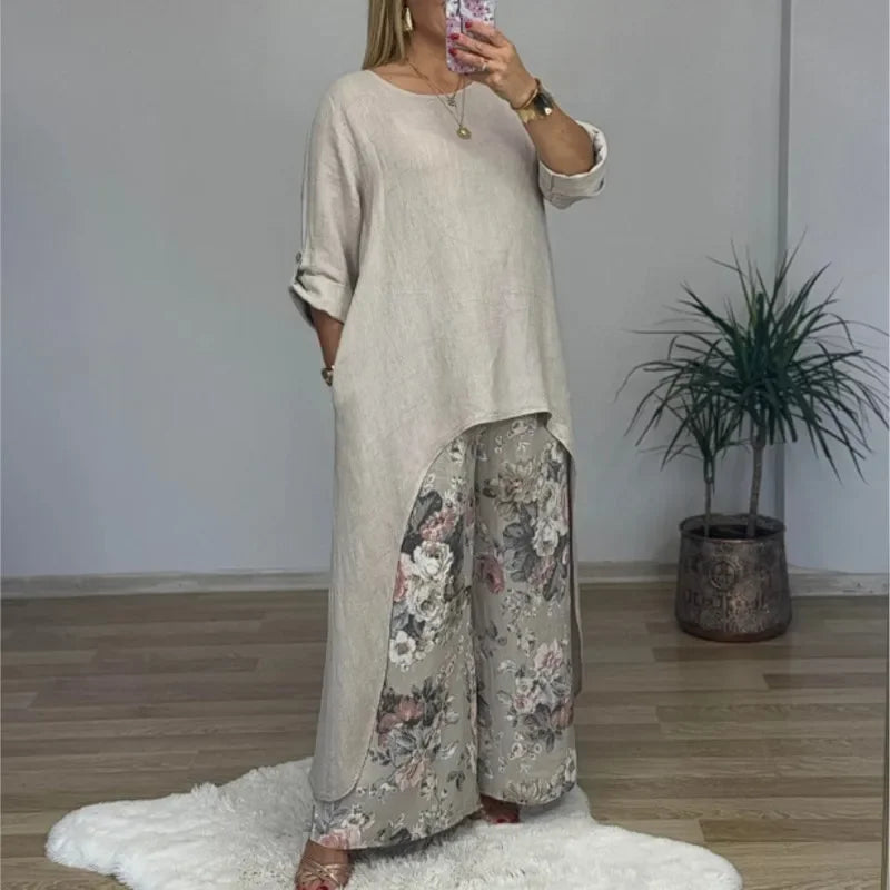Conjunto Botanique™ com Blusa Assimétrica Longa e Calça Pantalona Floral / Estilo Artístico com um Corte Impecável!
