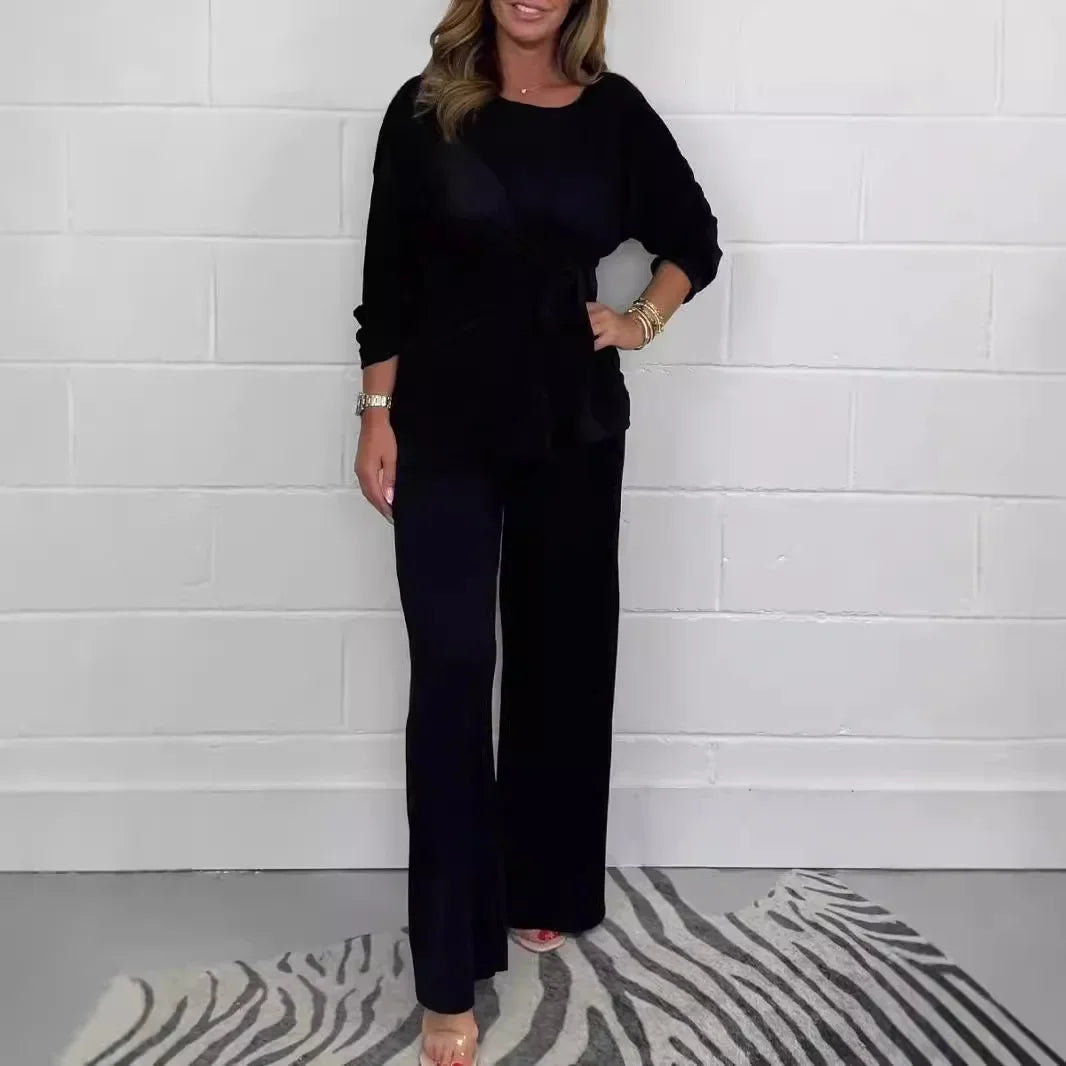 Conjunto Damaris™ em Malha Premium com Blusa de Amarração Frontal e Calça Fluida / A Peça-Curinga do Guarda-Roupa Moderno!