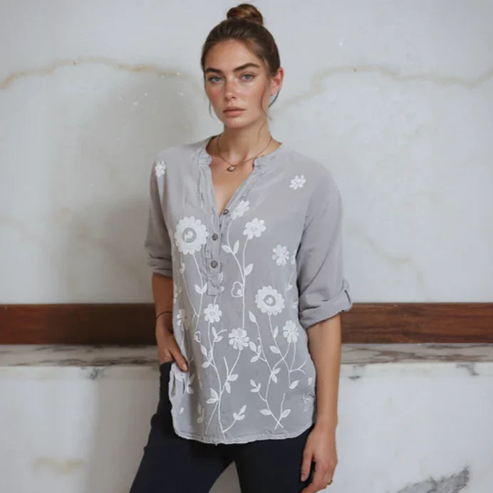 (Promoção: Compre 1, Leve 2) Camisa Raniero™ em Linho de Algodão com Bordados Florais / A Peça Sofisticada que Transforma o Casual em Elegante!