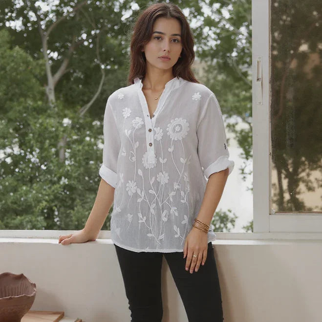 (Promoção: Compre 1, Leve 2) Camisa Raniero™ em Linho de Algodão com Bordados Florais / A Peça Sofisticada que Transforma o Casual em Elegante!