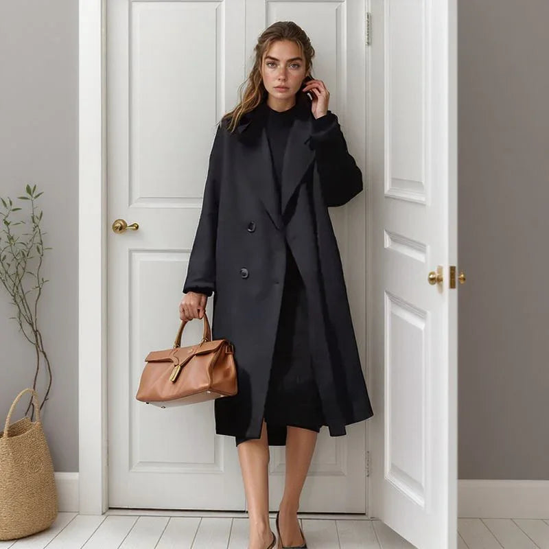 Casaco Noelle™ Estilo Sobretudo com Lapela Clássica / Elegância Minimalista e Aconchego para os Dias Frios