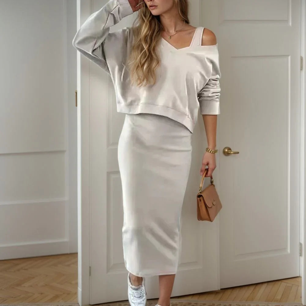 Conjunto Marbella™ em Malha Premium com Vestido Ajustado e Blusa Despojada / Minimalismo Chic com Toque de Feminilidade!