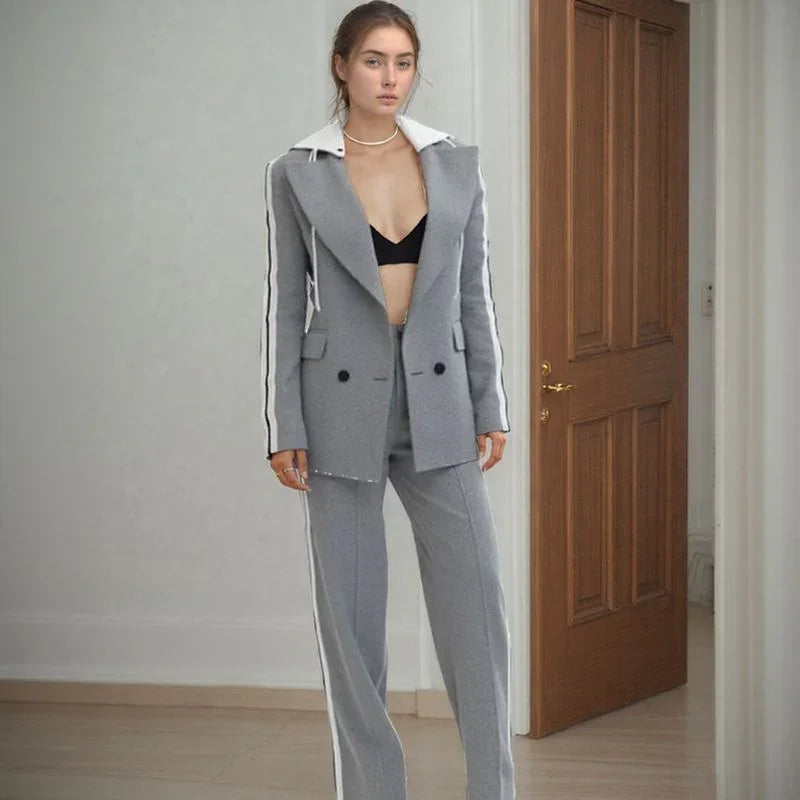 Conjunto Feline™ com Blazer Duplo e Calça em Alfaiataria Casual / Para Mulheres que Se Destacam Sem Precisar Dizer Uma Palavra