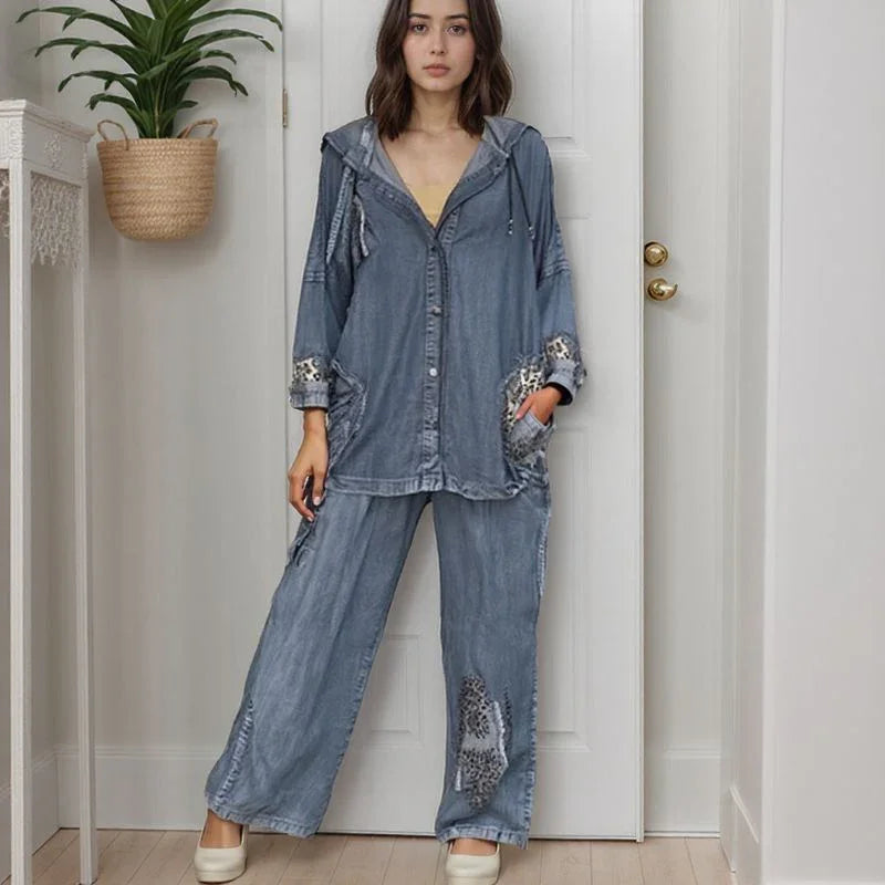 Conjunto Leona Grace™ em Jeans Lavado com Estampa Oncinha / Um Visual Selvagem, Sofisticado e Fora do Comum!