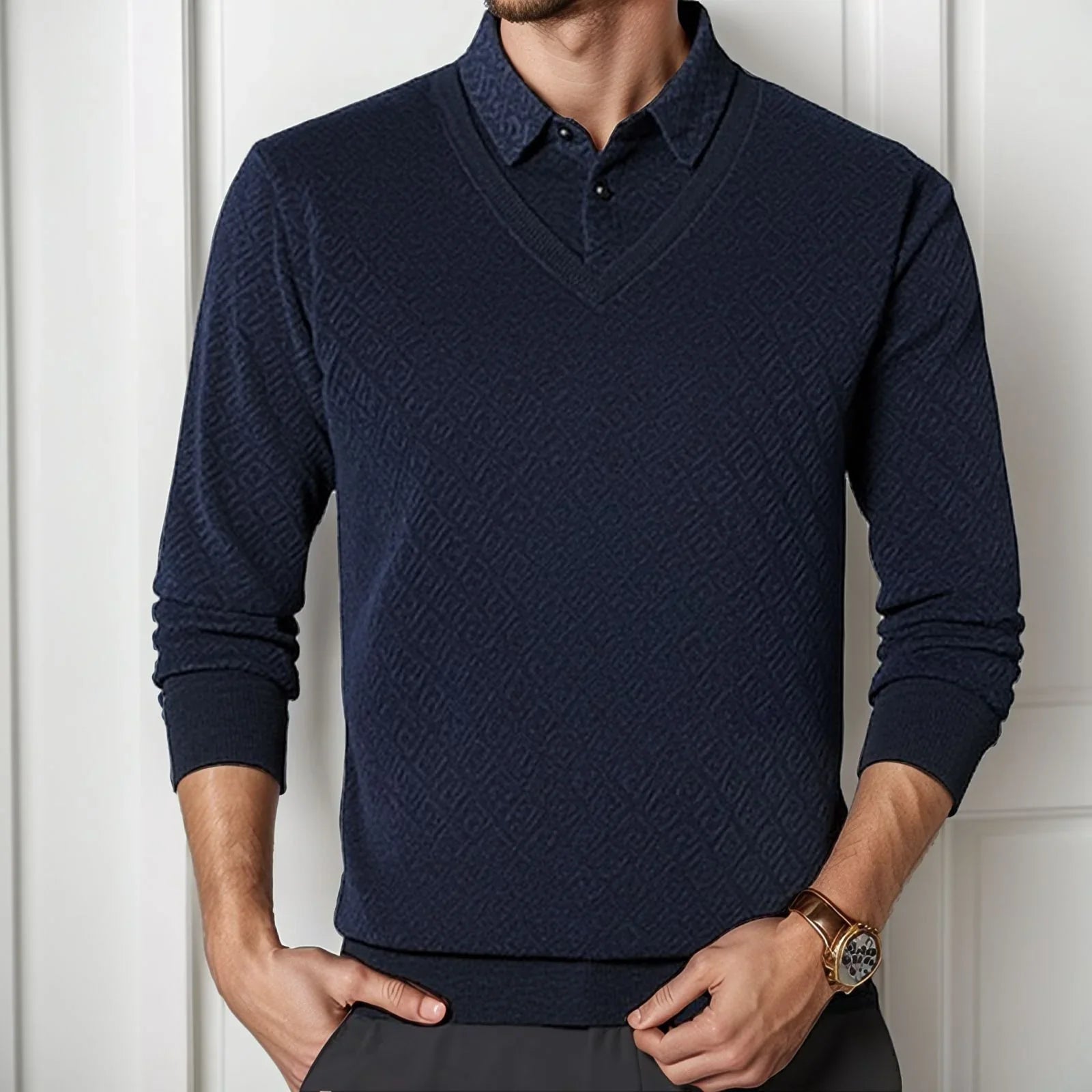 Camisa Winston™ com Suéter Embutido e Textura Trançada / Efeito Sobreposto com Estilo e Refinamento em Uma Só Peça!