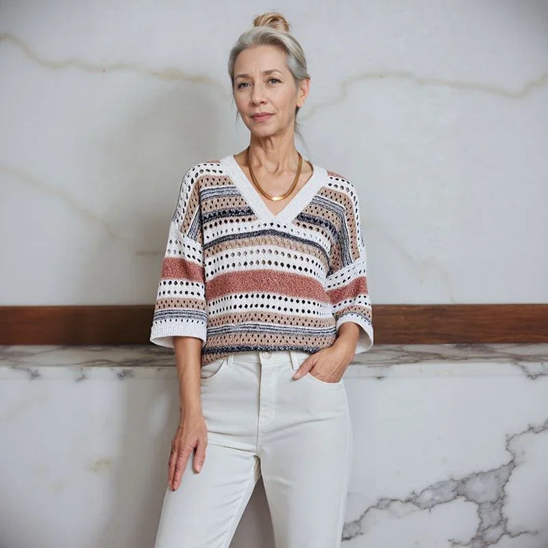 Blusa Stella™ em Tricô Vazado com Listras Elegantes / A Peça-Curinga das Quatro Estações