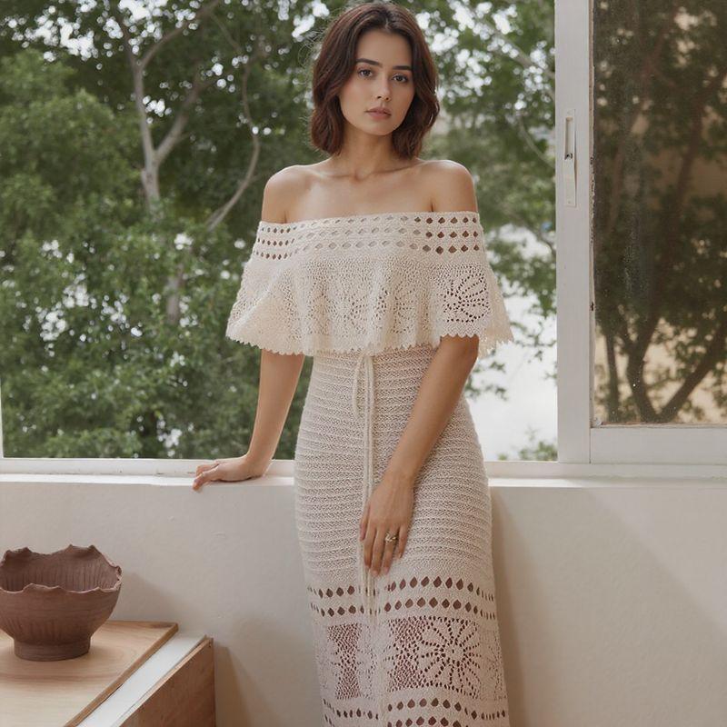 Conjunto Luar de Capri™ em Crochê com Top Ombro a Ombro e Vestido / Um Toque de Romance Mediterrâneo com Acabamento Luxuoso!