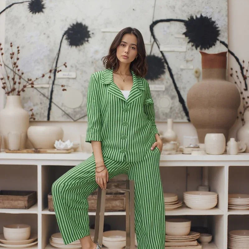 Conjunto PortoRico™ Design Listrado em Algodão Misto / Elegância Ampla e Versatilidade Atemporal para Todas as Ocasiões!