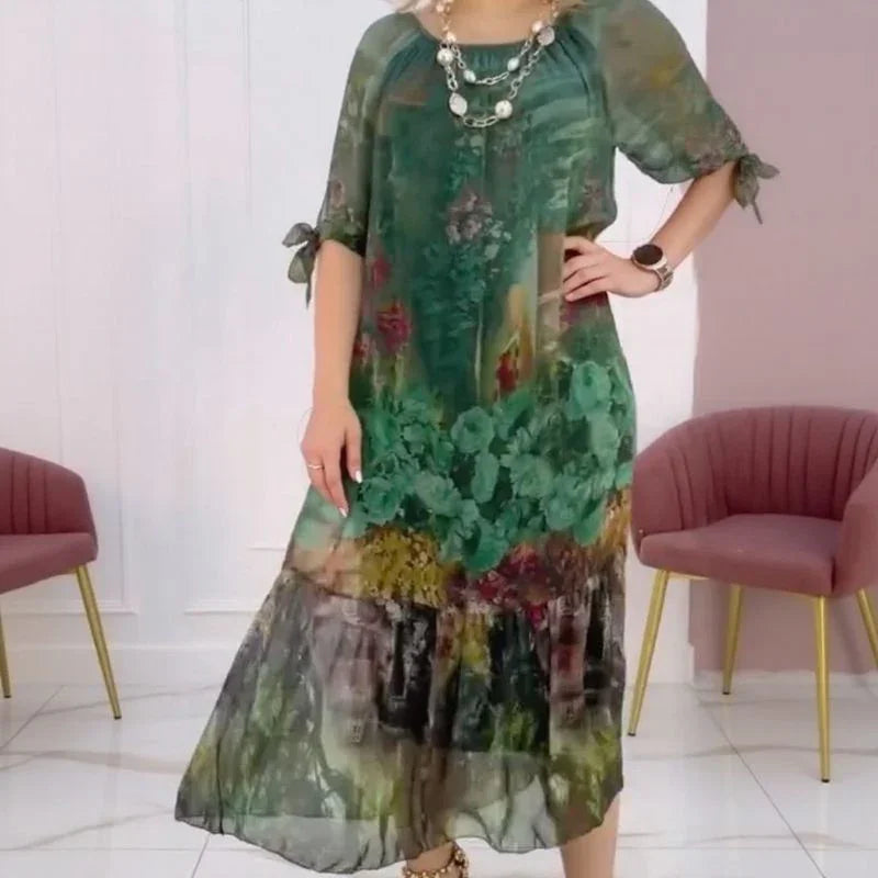 Vestido Giardino™ com Estampa Botânica em Tecido Fluido / O Encanto dos Jardins Eternos no Seu Estilo!