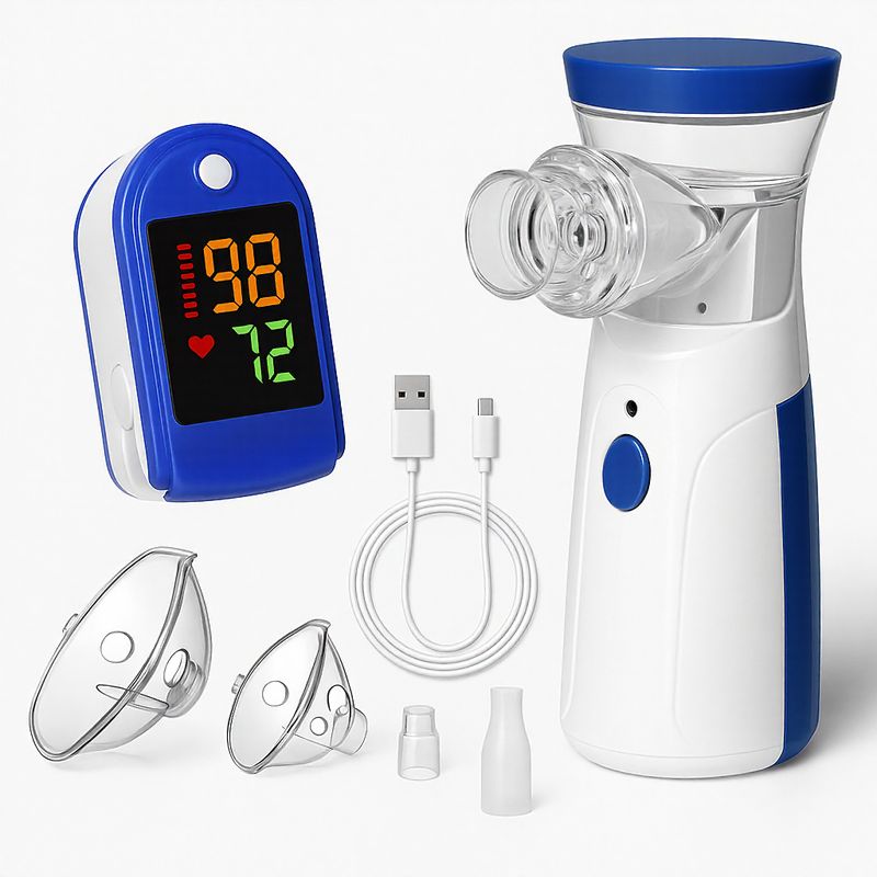 Nebulizador Portátil com Máscaras Adulto & Infantil / Oferta Especial: Leve 1 e Ganhe Oxímetro!