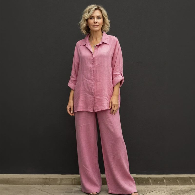 Conjunto Costa Serena™ em Linho de Algodão / Camisa Solta & Pantalona Ampla que Transmitem Leveza!