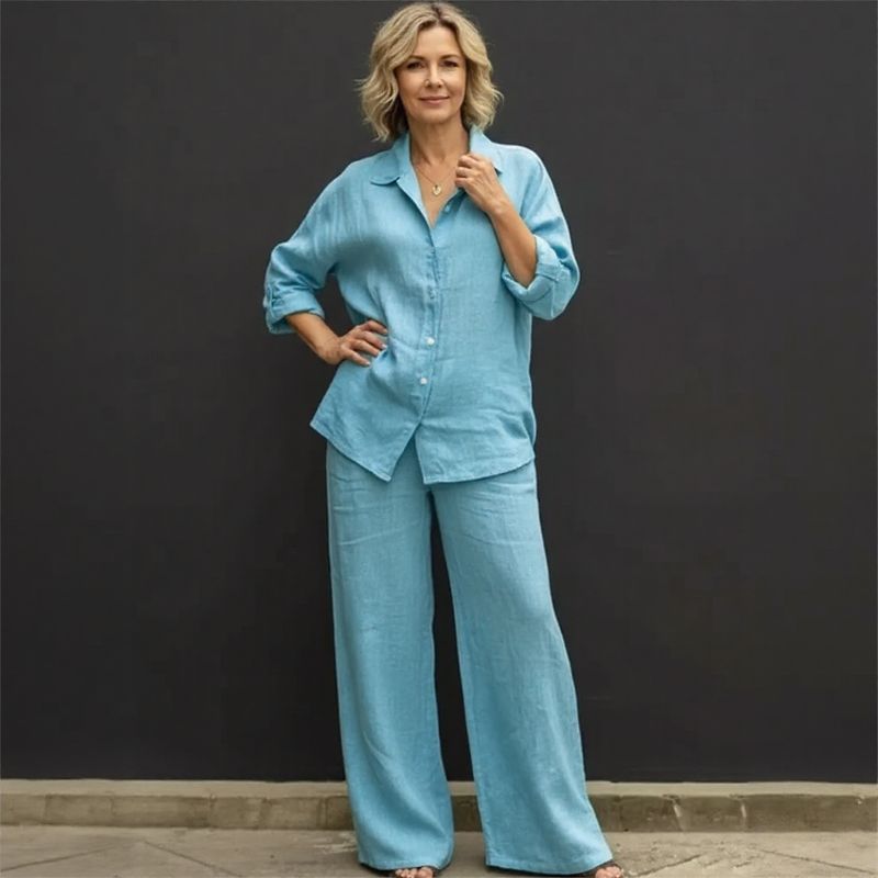 Conjunto Costa Serena™ em Linho de Algodão / Camisa Solta & Pantalona Ampla que Transmitem Leveza!
