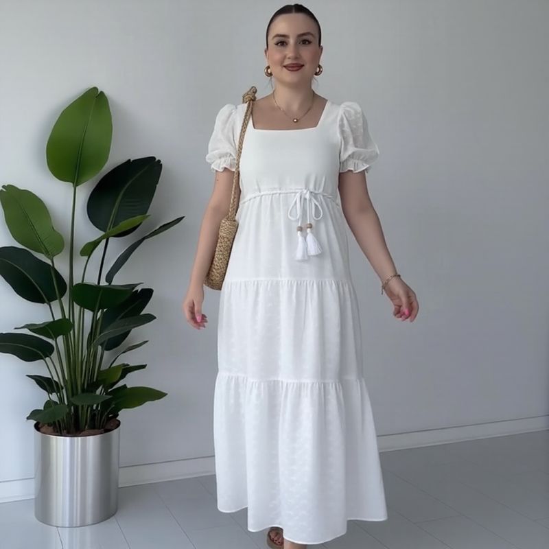 Vestido Elena D’Amore™ em Viscose Texturizada com Mangas Bufantes / Leveza, Charme e Feminilidade em Cada Movimento