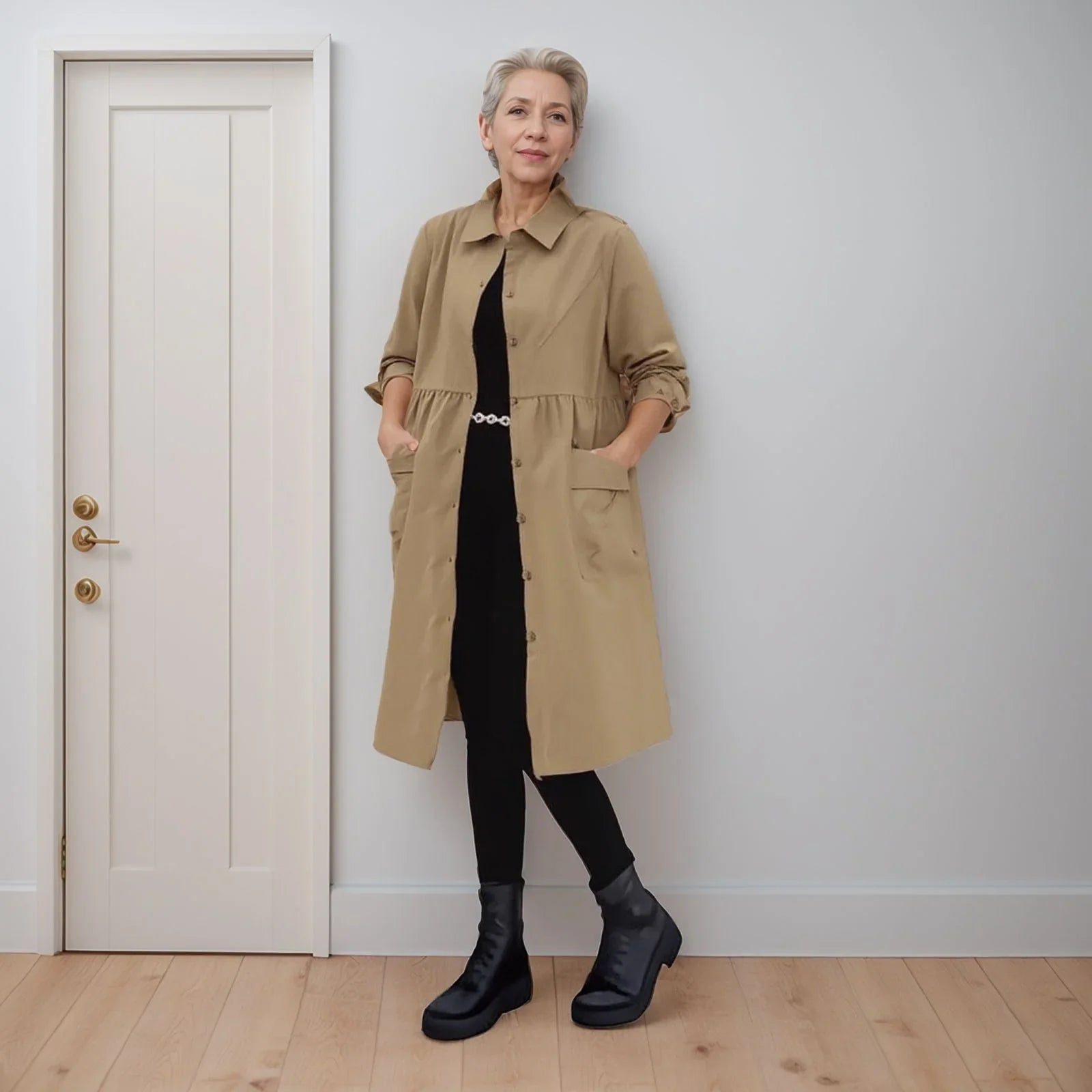 Casaco Maelis™ em Sarja Impermeável com Corte Chemise e Bolsos Frontais / Para Mulheres que Valorizam o Essencial com Estilo