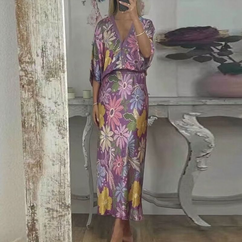 Conjunto Sakura™ em Cetim Premium com Blusa Kimono e Saia Longa Estampada / Feminilidade Sofisticada que Brilha em Qualquer Ocasião!