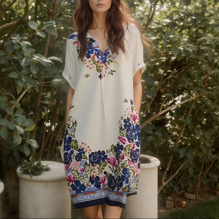 Vestido Primavera™ em Cetim Flora com Estampa Artística / Leveza Romântica e Brilho Atemporal para Mulheres de Bom Gosto!