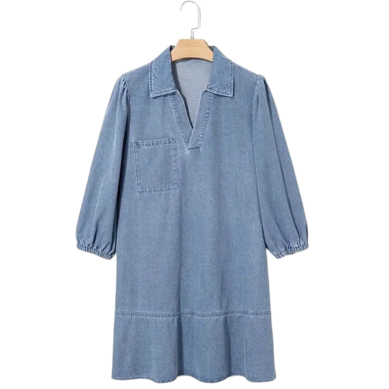 Vestido Jeans Madalena™ com Gola Lapela e Manga Bufante / O Clássico Renovado com Conforto e Feminilidade