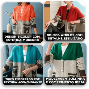 Cardigã Katherine™ em Tricô Artesanal com Bolsos Estilizados / Visual Refinado para passar o Inverno com Leveza!