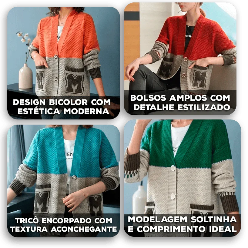 Cardigã Katherine™ em Tricô Artesanal com Bolsos Estilizados / Visual Refinado para passar o Inverno com Leveza!