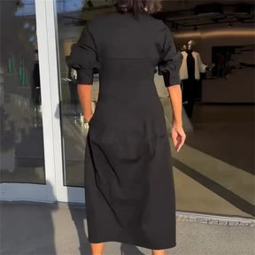 Vestido Alencar™ com Decote Chemise e Corte Midi Estruturado / Onde o Minimalismo se Encontra Com a Elegância Urbana!