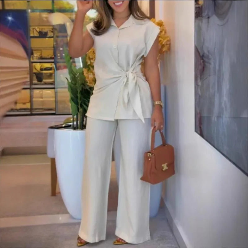 Conjunto Aurélia™ em Algodão Misto e Camisa Com Detalhe em Laço / Alfaiataria Contemporânea com Toque Feminino de Precisão!