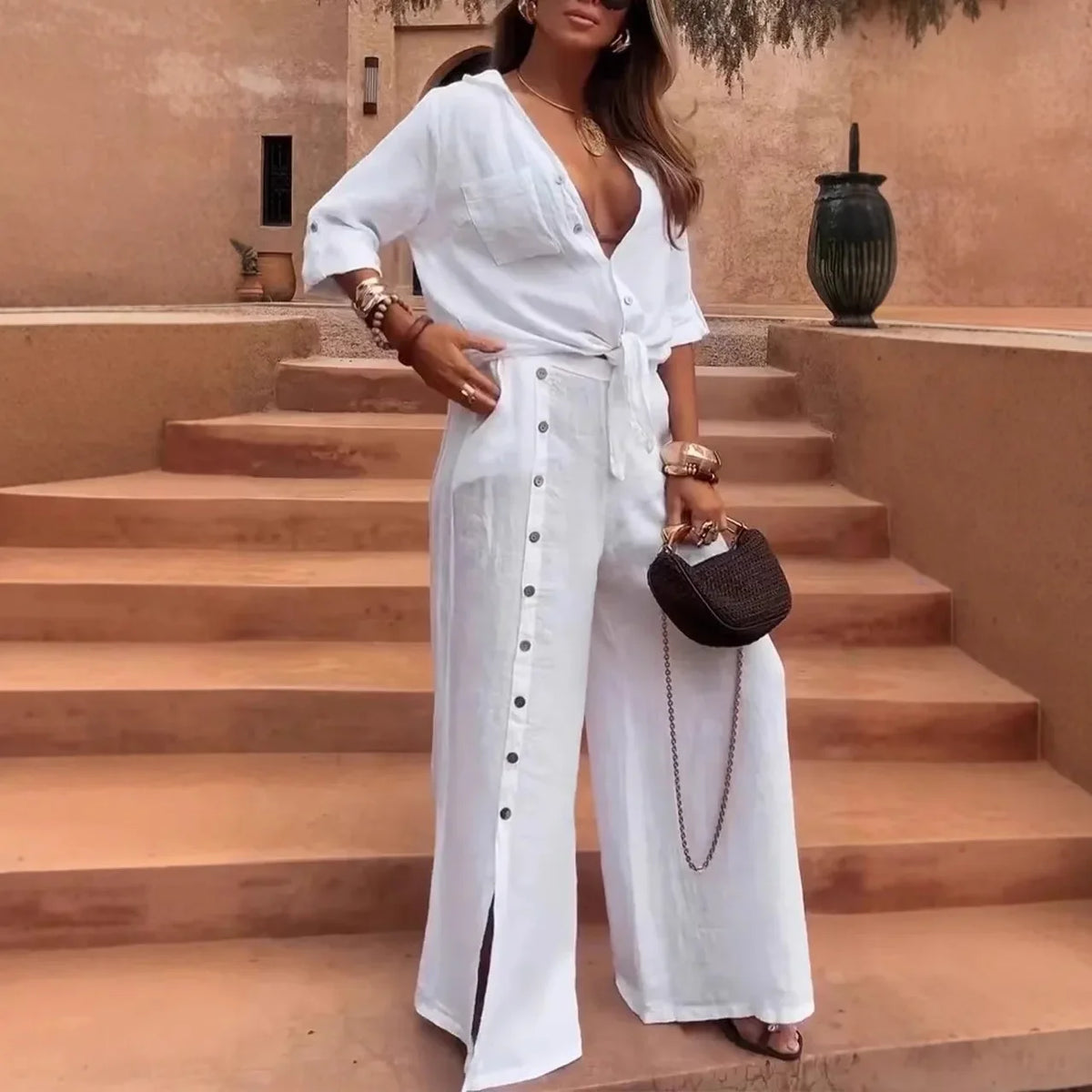 Conjunto Casablanca™ em Linho de Algodão com Botões Laterais / Sofisticação para Dias de Sol e Liberdade!