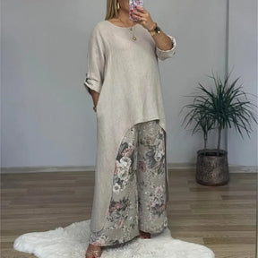 Conjunto Botanique™ com Blusa Assimétrica Longa e Calça Pantalona Floral / Estilo Artístico com um Corte Impecável!