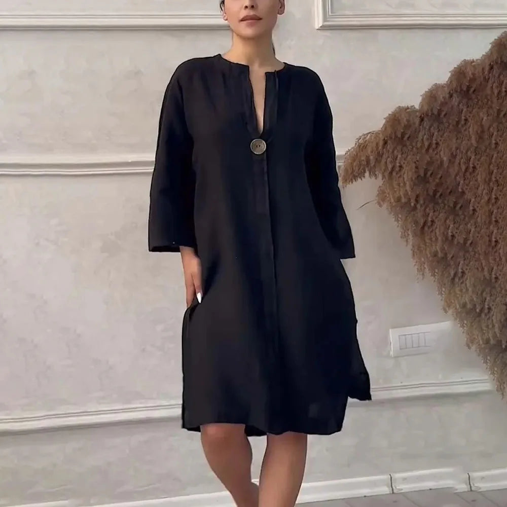 Vestido Copacabana™ em Linho de Algodão com Modelagem Solta / Elegância Tropical com Toque de Sofisticação Carioca!