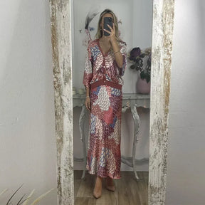 Conjunto Sakura™ em Cetim Premium com Blusa Kimono e Saia Longa Estampada /  Feminilidade Sofisticada que Brilha em Qualquer Ocasião!