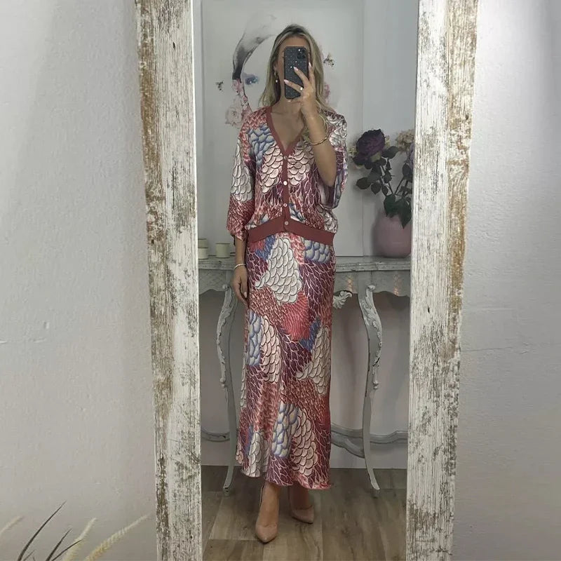 Conjunto Sakura™ em Cetim Premium com Blusa Kimono e Saia Longa Estampada /  Feminilidade Sofisticada que Brilha em Qualquer Ocasião!