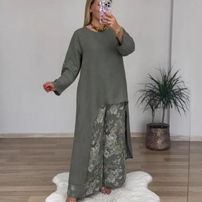 Conjunto Botanique™ com Blusa Assimétrica Longa e Calça Pantalona Floral / Estilo Artístico com um Corte Impecável!