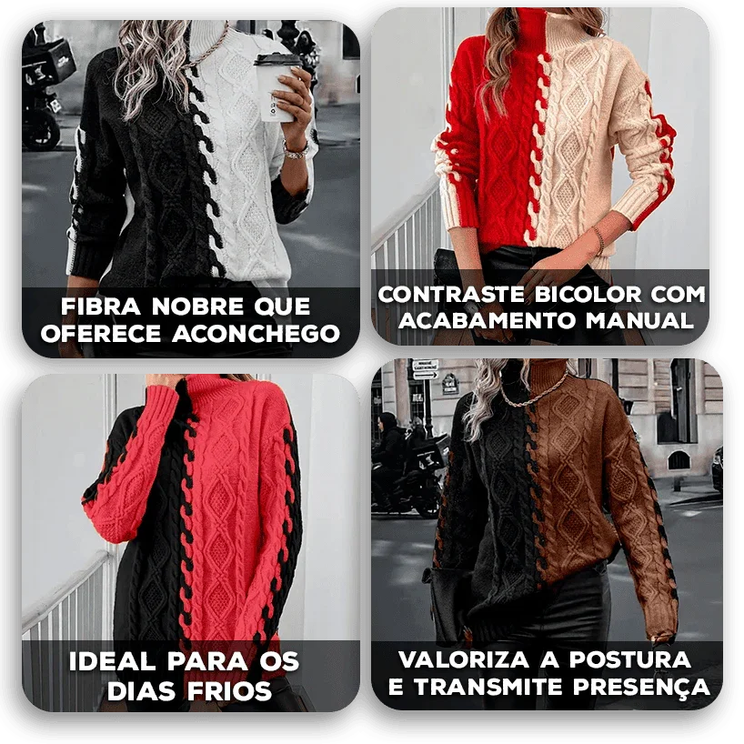 Suéter Mirelle™ em Tricot de Cashmere com Contraste Artesanal / Aconchego Refinado com Estilo que Marca Presença!