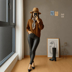 Calça Lunna™  Em Couro e Cintura Alta e Interior Térmico / Elegância e Conforto que se Moldam ao Seu Corpo!