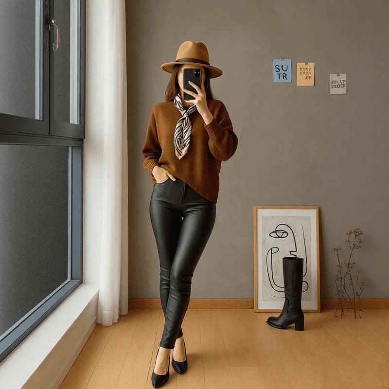 Calça Lunna™  Em Couro e Cintura Alta e Interior Térmico / Elegância e Conforto que se Moldam ao Seu Corpo!