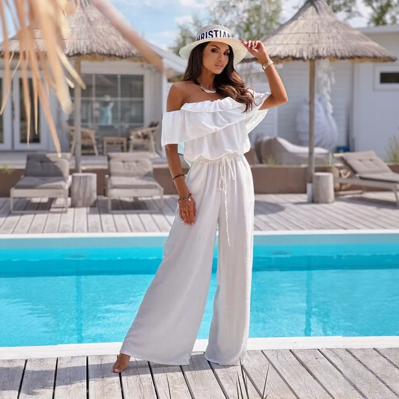 Macacão Marina Belle™ Ombro a Ombro com Babados e Pantalona Fluida / Impacto Visual com Conforto Absoluto!