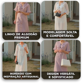 Vestido Vitta™ em Linho de Algodão com Bordado Artesanal / Simplicidade Refinada para Seus Momentos