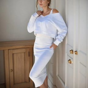 Conjunto Marbella™ em Malha Premium com Vestido Ajustado e Blusa Despojada / Minimalismo Chic com Toque de Feminilidade!