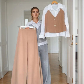 Conjunto Harmonie™ com Camisa Colete Estilo Alfaiataria e Calça Soltinha / A Combinação Ideal entre Sofisticação e Aconchego!