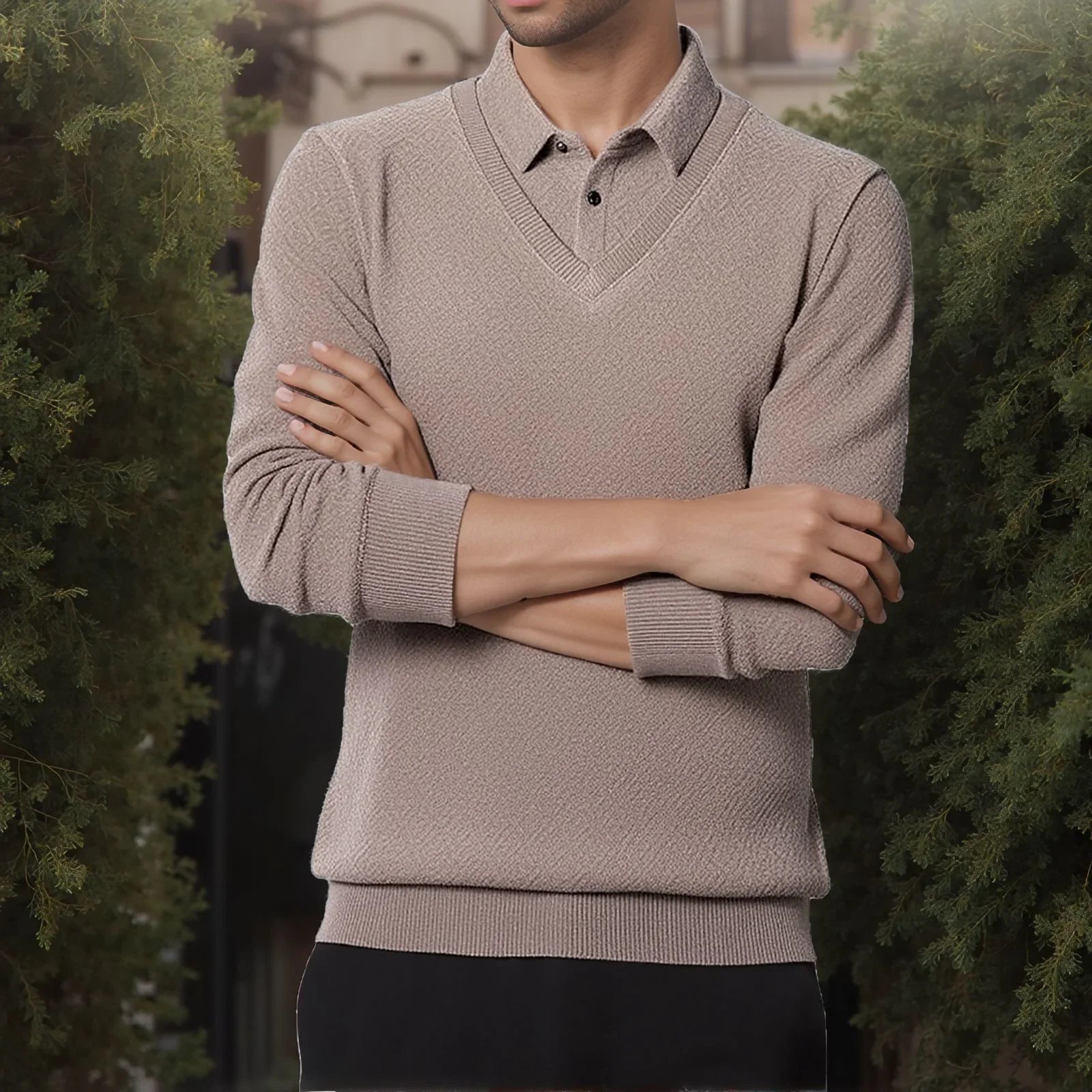 Camisa Winston™ com Suéter Embutido e Textura Trançada / Efeito Sobreposto com Estilo e Refinamento em Uma Só Peça!