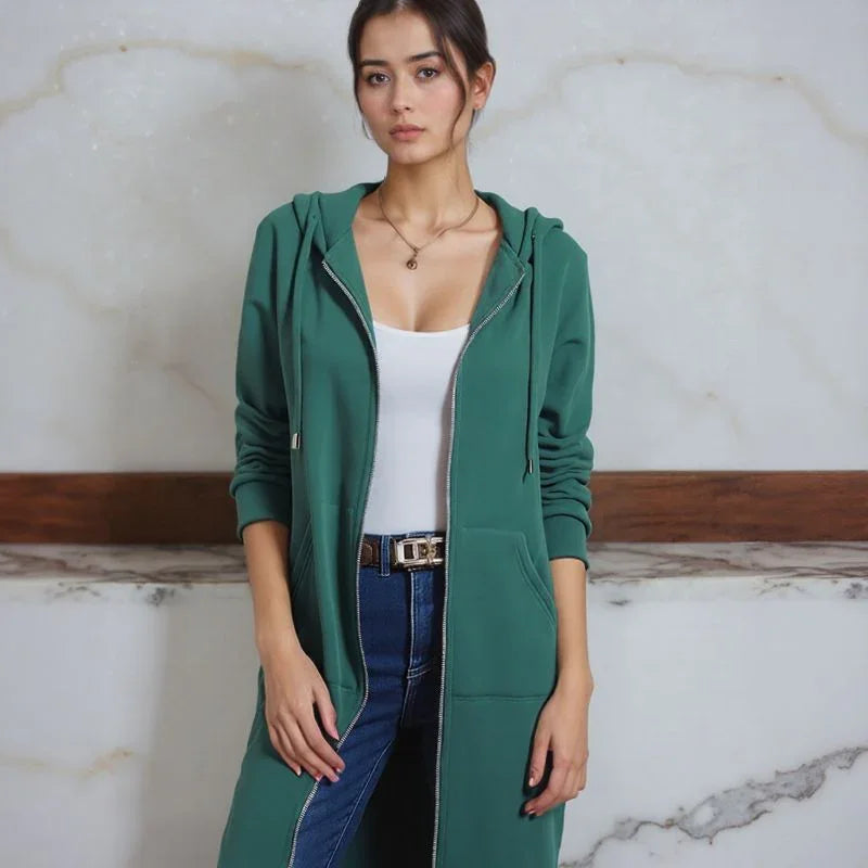 Casaco Longo Lunna™ em Moletom com Capuz Aconchegante/ Estilo Casual Chique para Todos os Momentos.