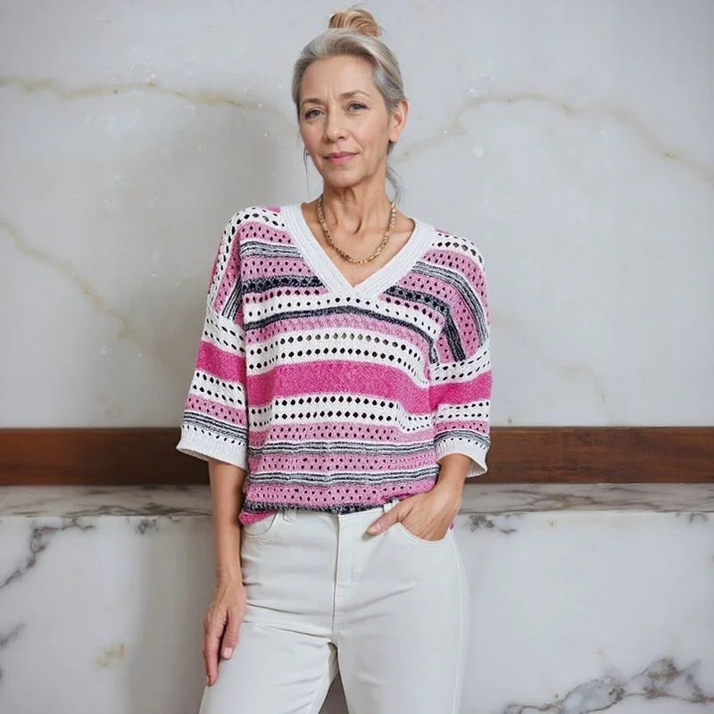 Blusa Stella™  em Tricô Vazado com Listras Elegantes /  A Peça-Curinga das Quatro Estações