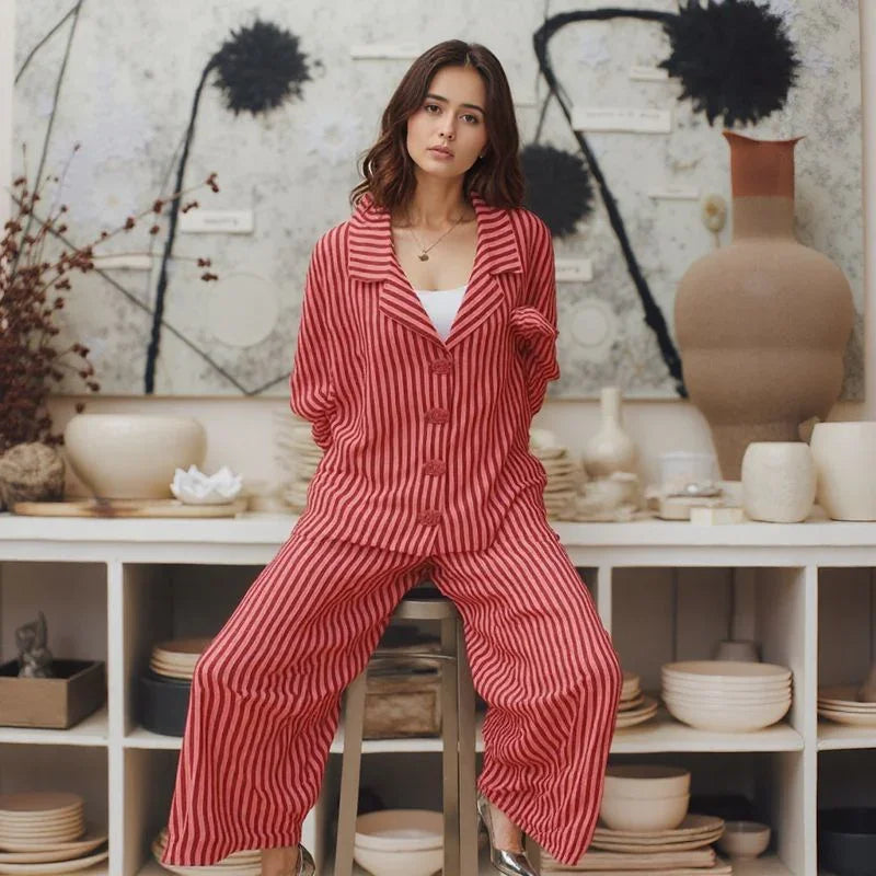 Conjunto PortoRico™ Design Listrado em Algodão Misto / Elegância Ampla e Versatilidade Atemporal para Todas as Ocasiões!