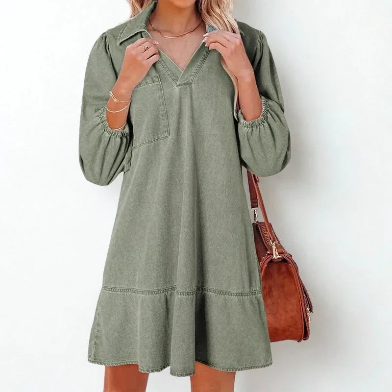 Vestido Jeans Madalena™ com Gola Lapela e Manga Bufante / O Clássico Renovado com Conforto e Feminilidade