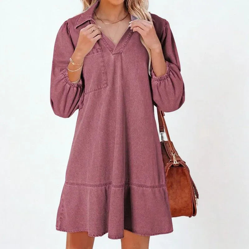 Vestido Jeans Madalena™ com Gola Lapela e Manga Bufante / O Clássico Renovado com Conforto e Feminilidade